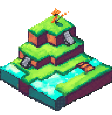 Animation of a isometric hill bobbing up and down with a wizard shooting sparks at the top