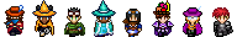 Pixel art lineup of fantasy characters